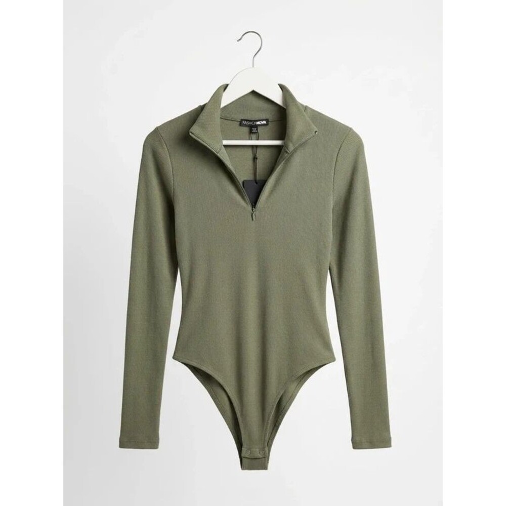 Fashion Nova Ribbed Half-Zip Bodysuit - Olive